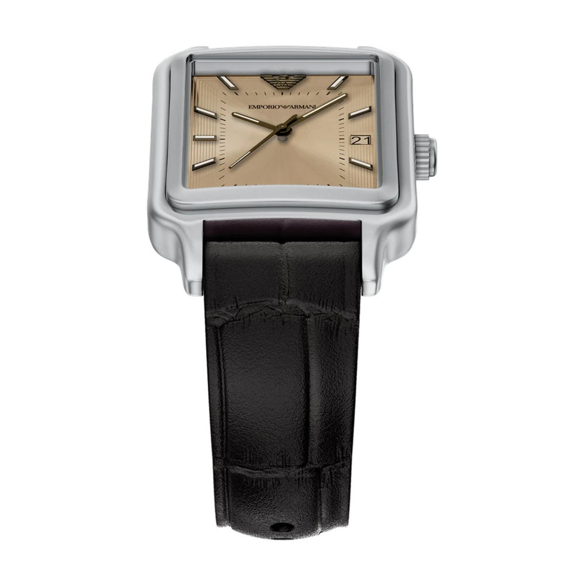 Emporio Armani Diego AR11756 close-up perspective of beige dial and polished steel bezel