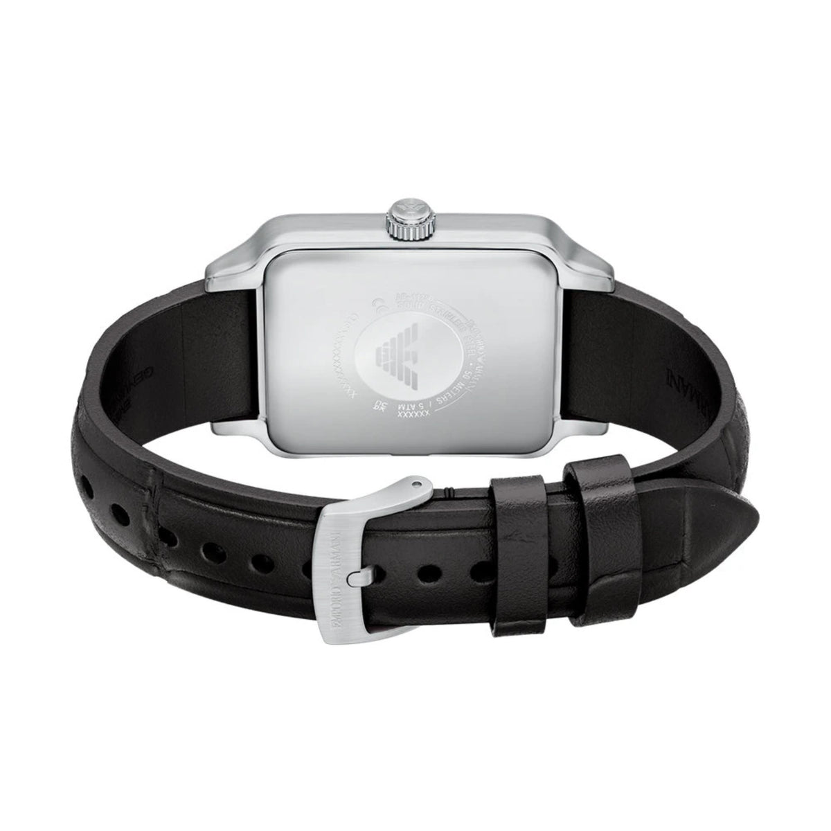 Emporio Armani Diego AR11756 back view showcasing engraved case back details and leather strap underside
