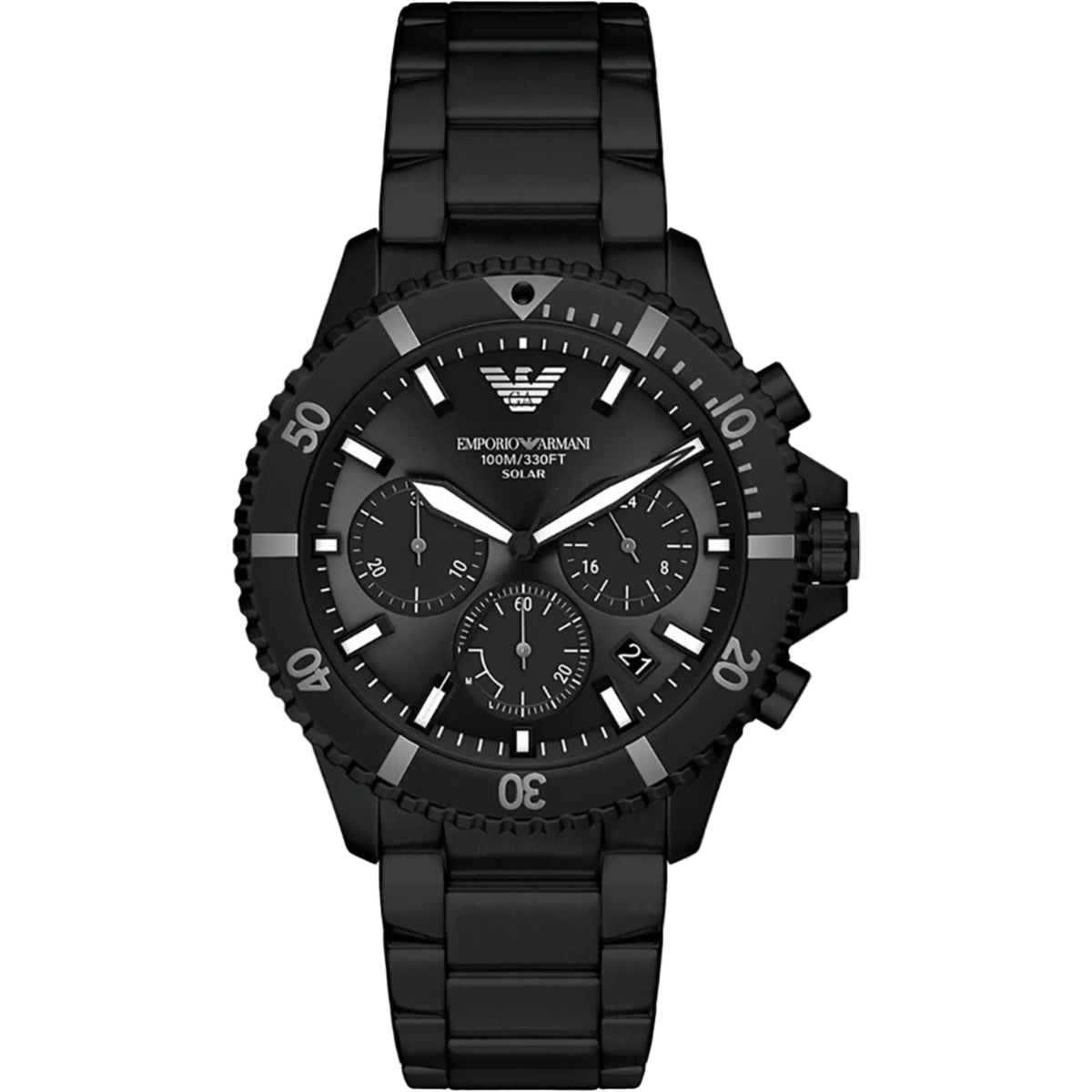 Front view of Emporio Armani Dario AR11784 watch featuring a matte black steel case, black chronograph solar dial, and black link bracelet