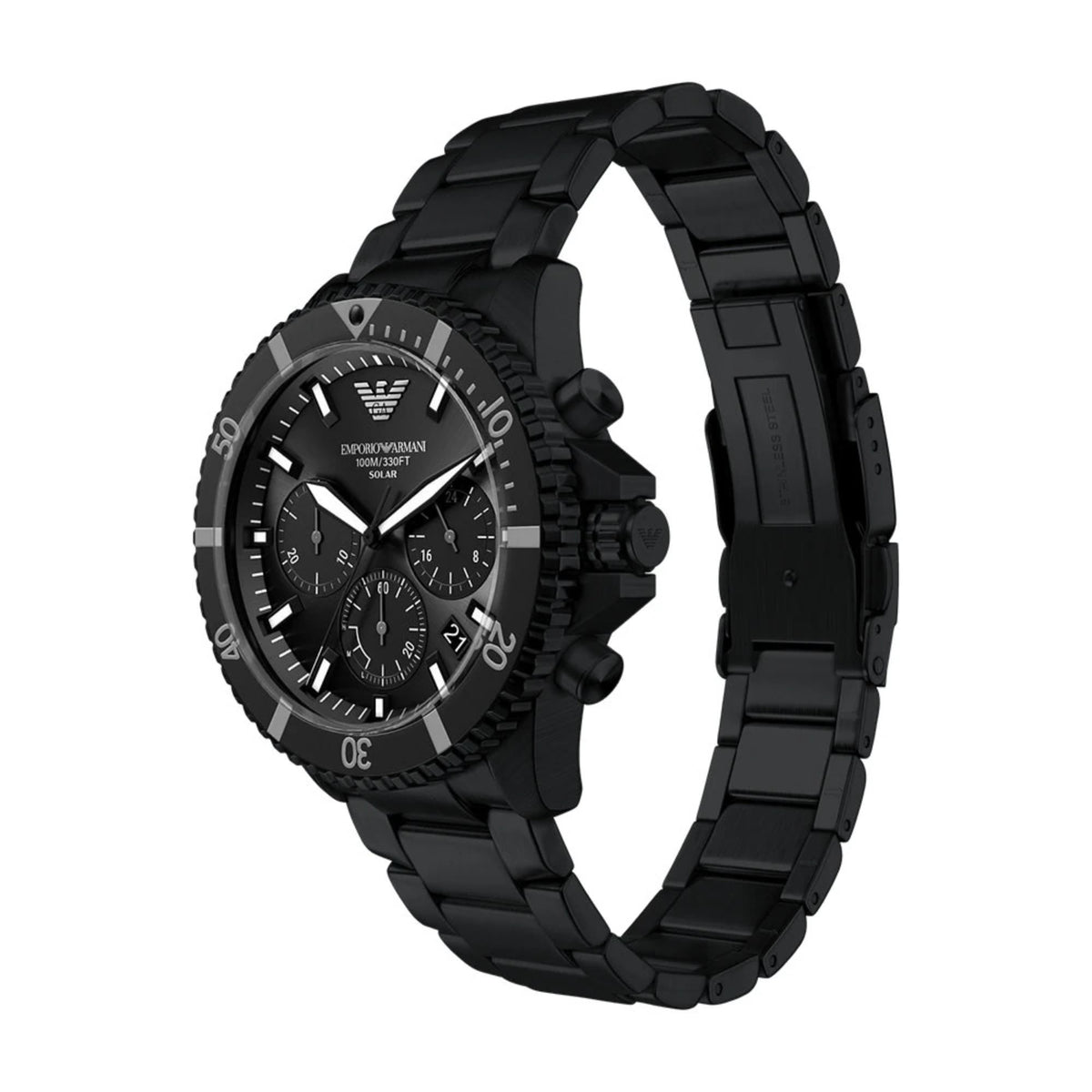 Angled view of Emporio Armani Dario AR11784 watch highlighting the dive-style bezel, case side texture, pushers, and bracelet clasp side