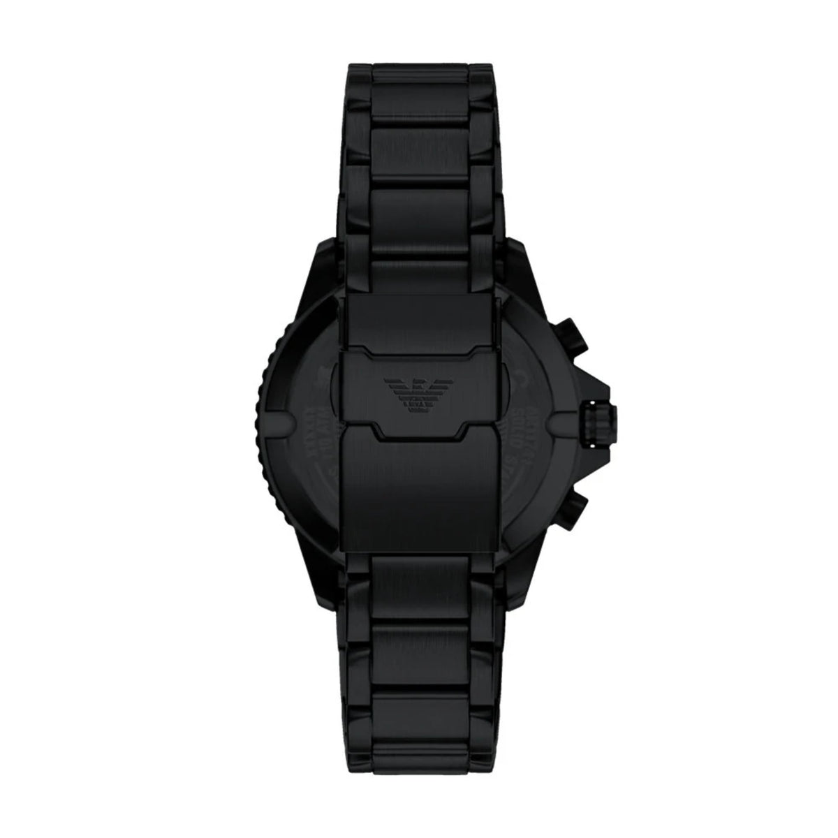 Rear view of Emporio Armani Dario AR11784 watch focusing on the solid caseback and integrated black steel bracelet