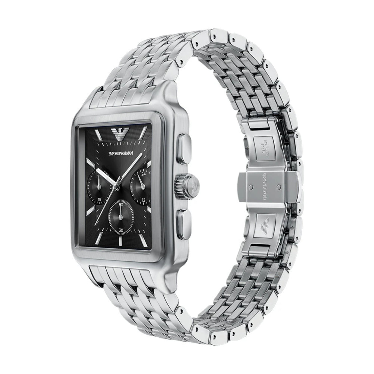 Angled view of Emporio Armani AR11751 watch displaying its rectangular case and steel bracelet side