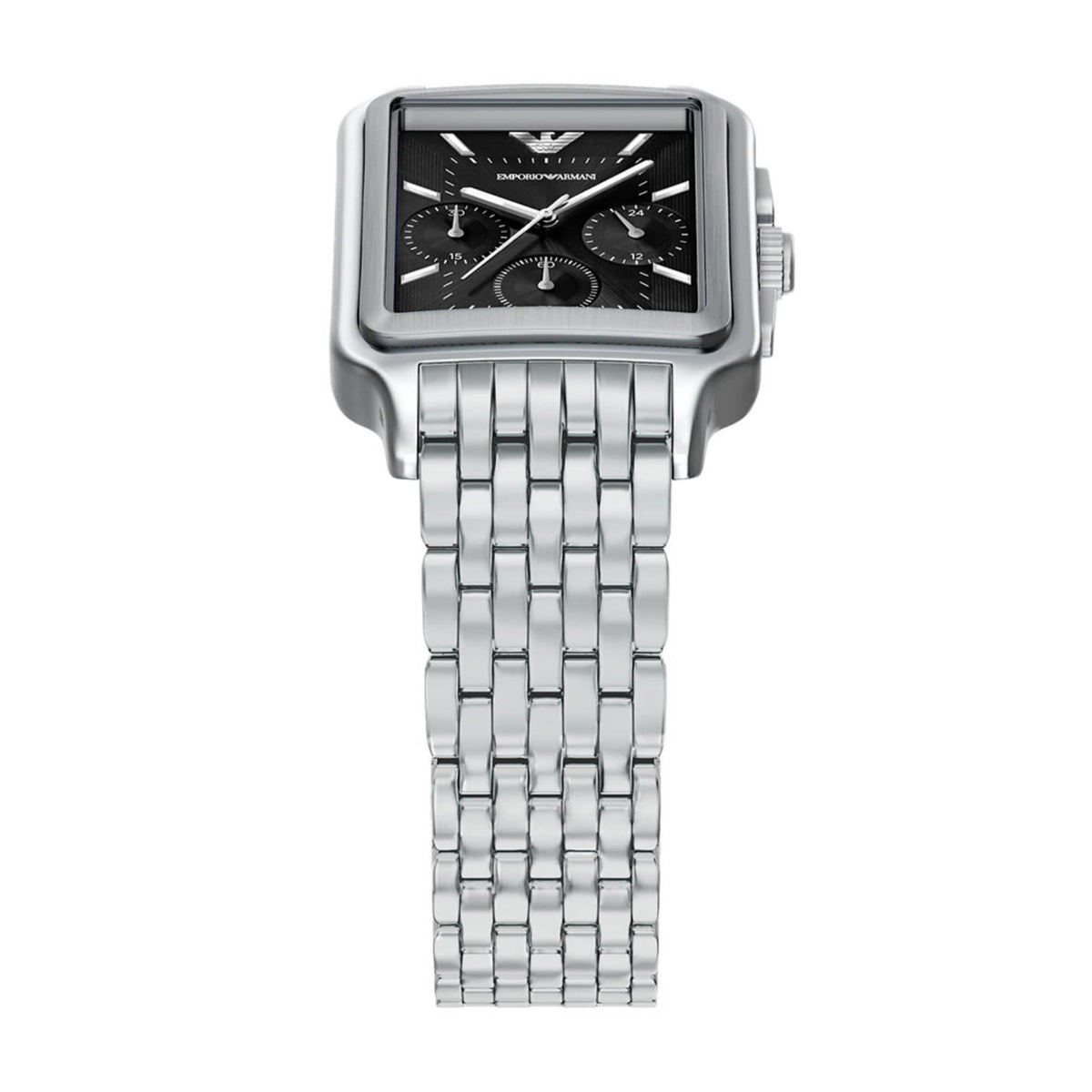 Angled top-down view of the Emporio Armani AR11751 watch highlighting the top of the steel bracelet and dial