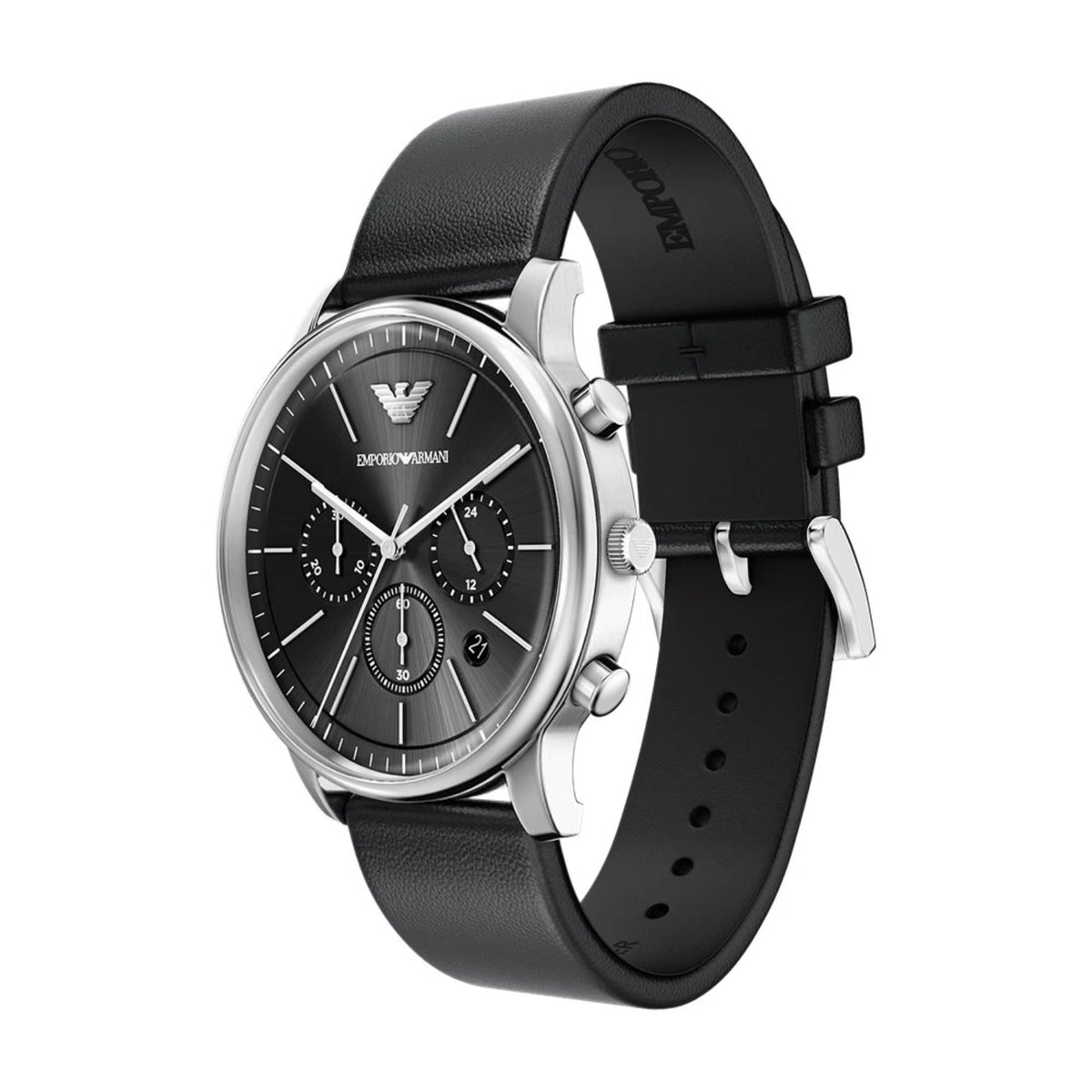 Emporio Armani Minimalist AR11774 watch displaying its round case profile, side pushers, and black leather strap