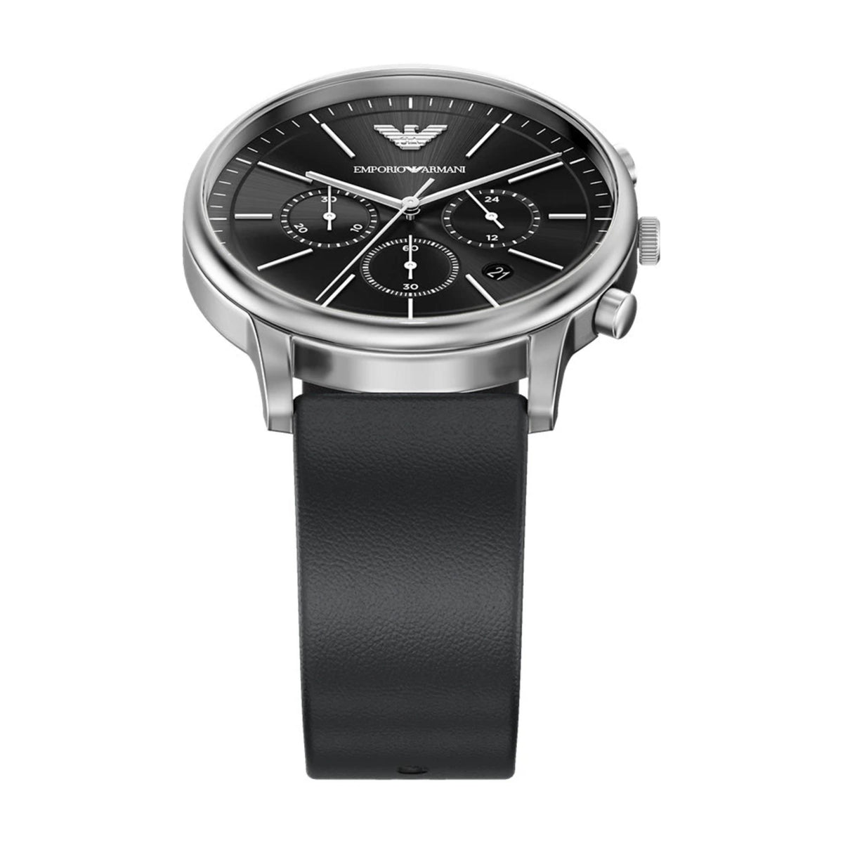 Emporio Armani Minimalist AR11774 watch emphasizing the top portion of the black leather strap and the round black chronograph dial