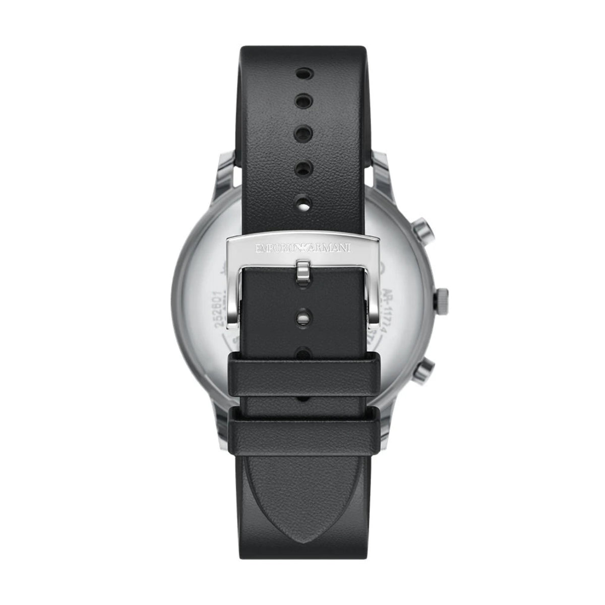 Emporio Armani Minimalist AR11774 watch focusing on the black leather strap, adjustment holes, and silver buckle closure