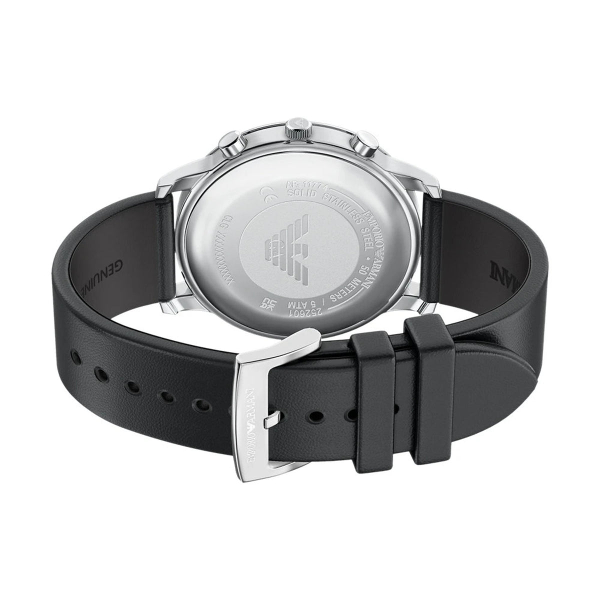 Rear perspective view looking inside the buckled strap of the Emporio Armani Minimalist AR11774 watch to reveal the engraved solid steel caseback