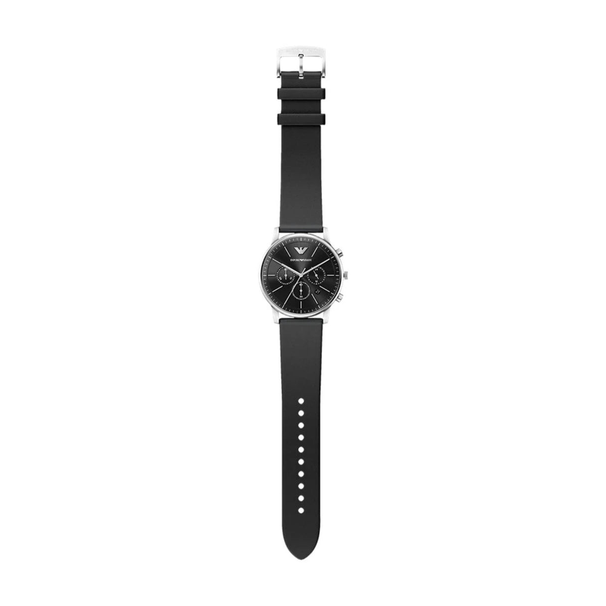Emporio Armani Minimalist AR11774 watch laid completely straight to showcase the full length of the black leather strap