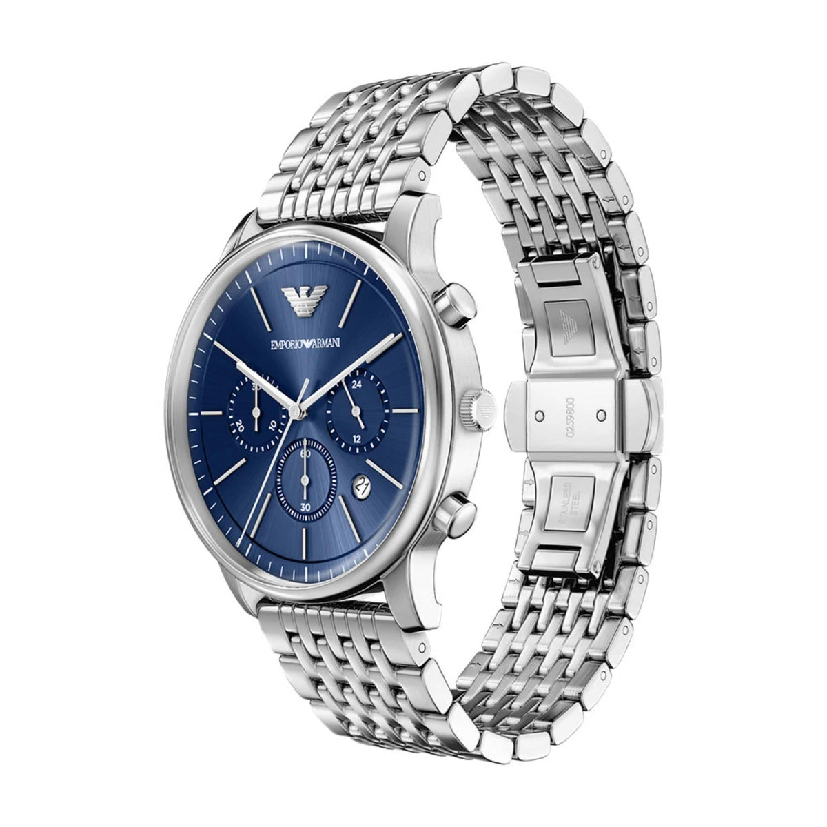 Emporio Armani Minimalist AR11771 angled view showing mens quartz watch with deployment clasp