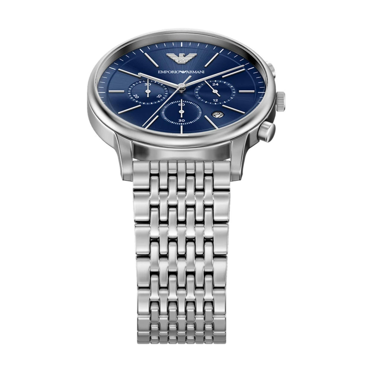 Emporio Armani Minimalist AR11771 top perspective view showcasing round steel case and multi-link bracelet