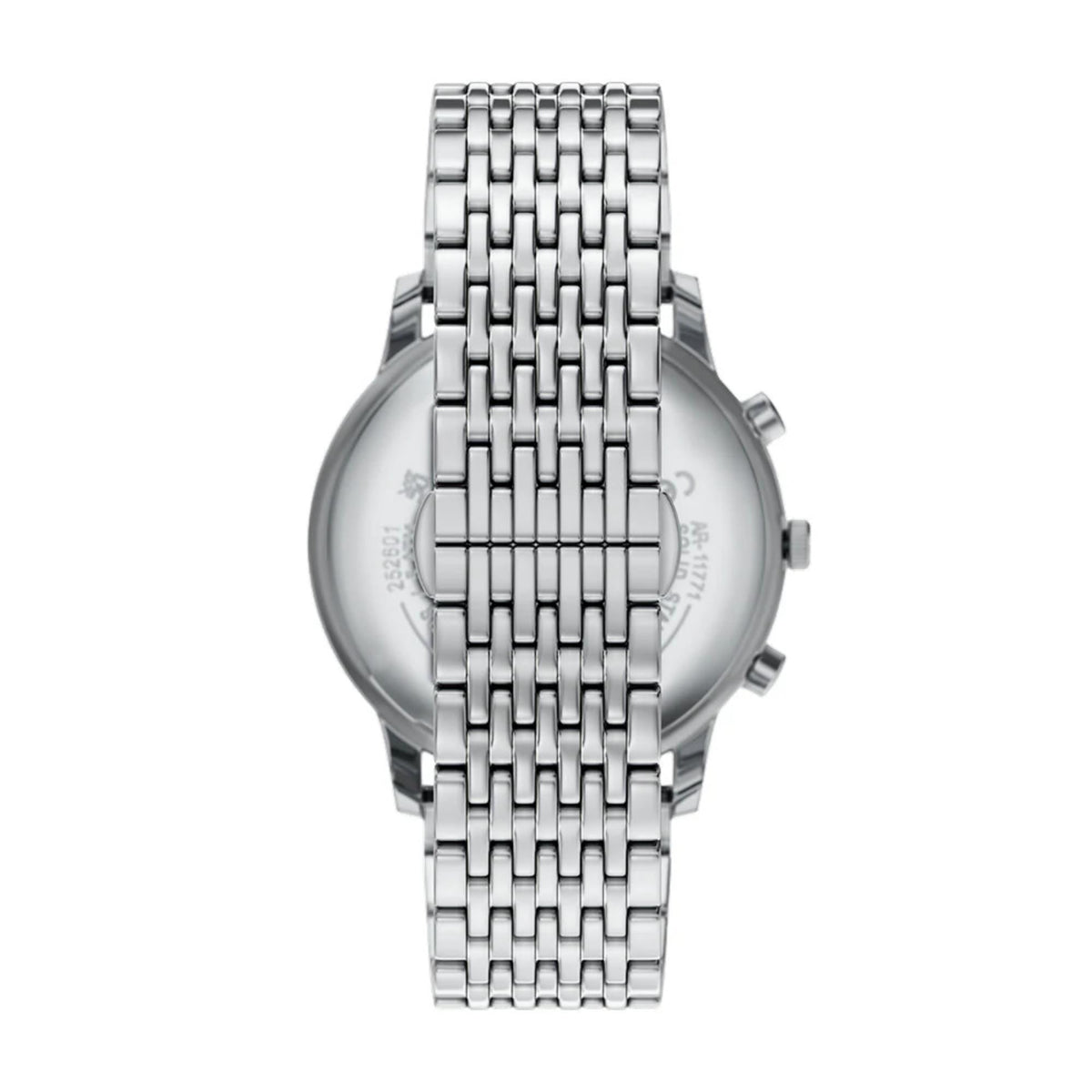 Emporio Armani Minimalist AR11771 back case view showing solid steel bracelet and pushers