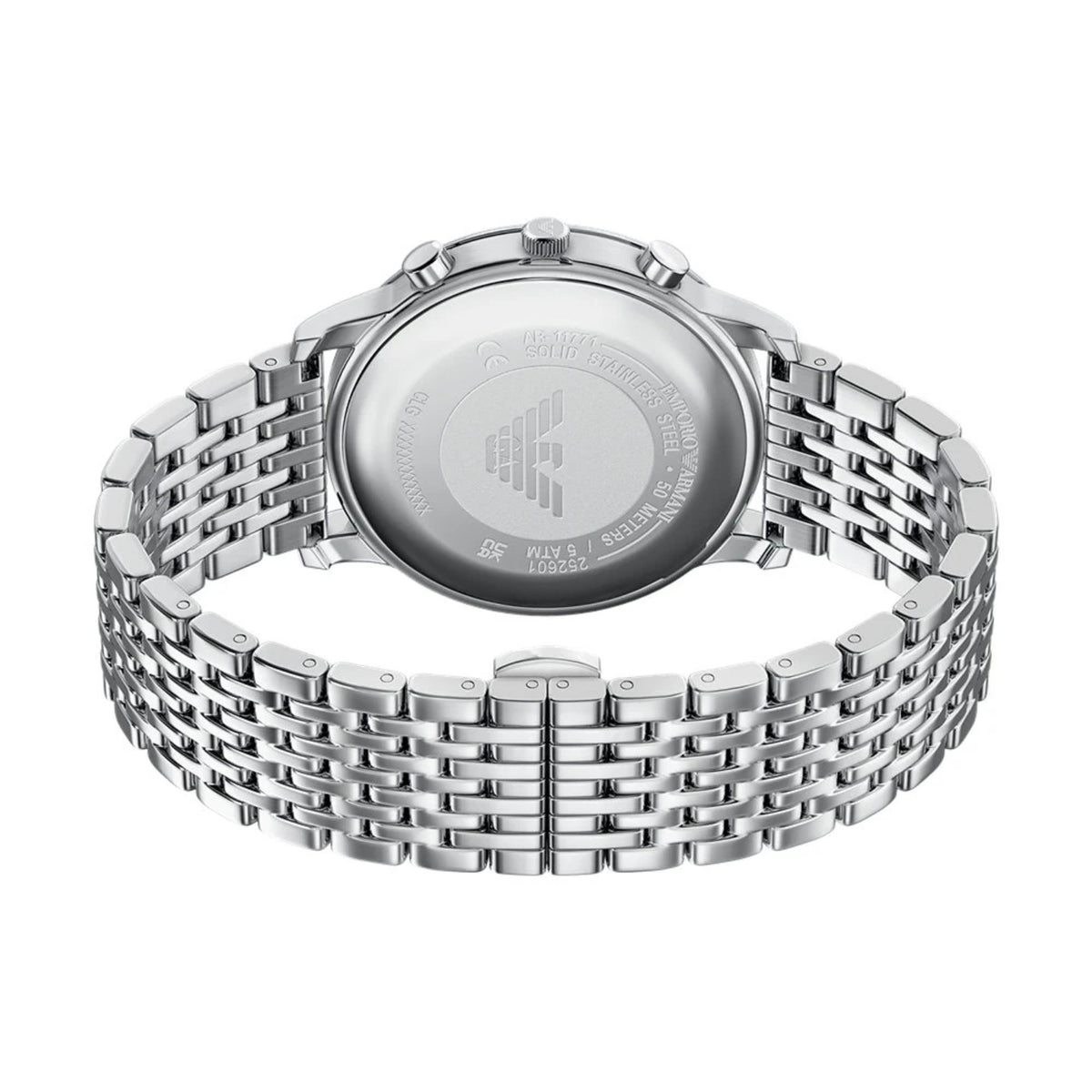 Emporio Armani Minimalist AR11771 rear view showcasing engraved eagle logo on case back and butterfly clasp