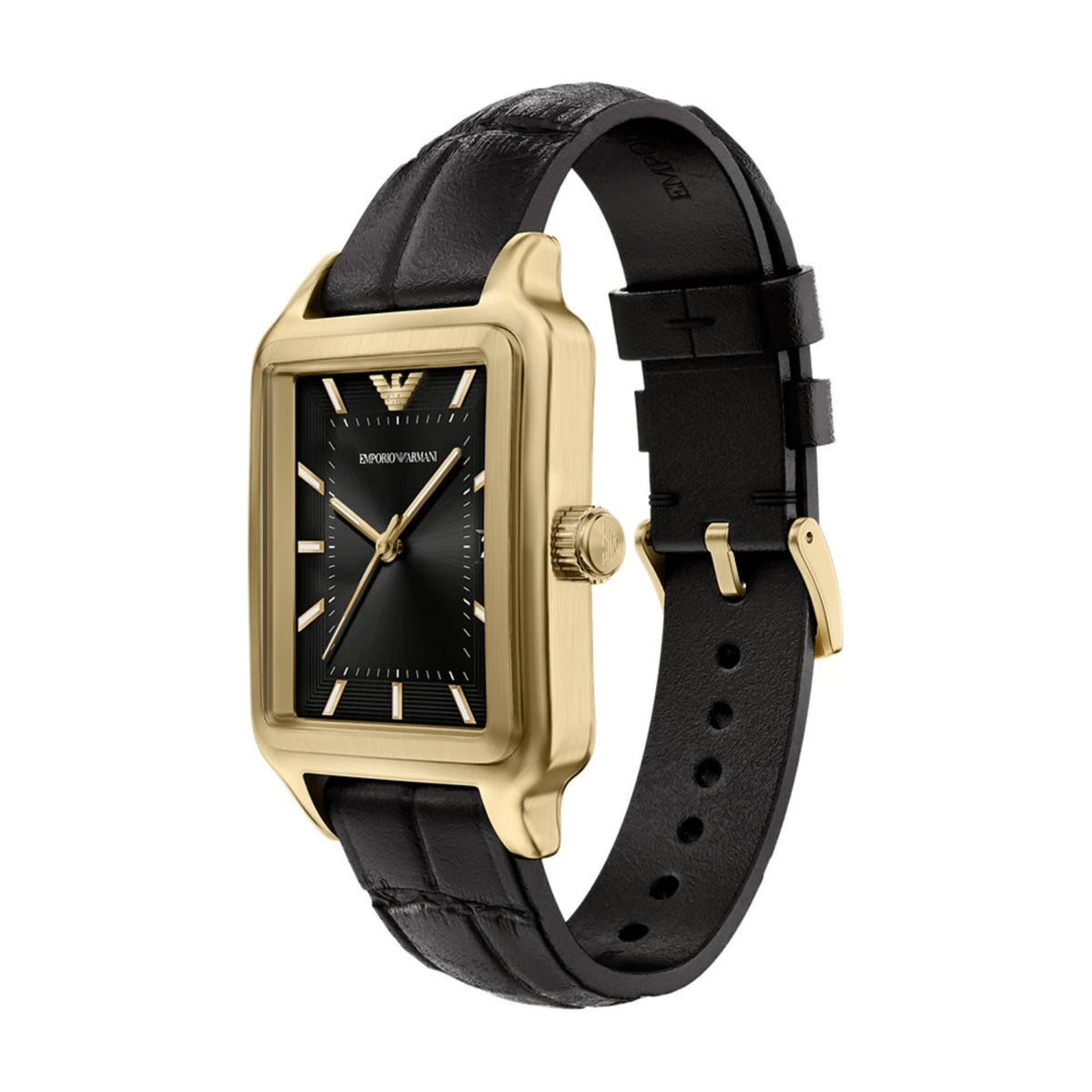 Ladies quartz wristwatch side view with black dial, gold-tone case, and black leather strap.