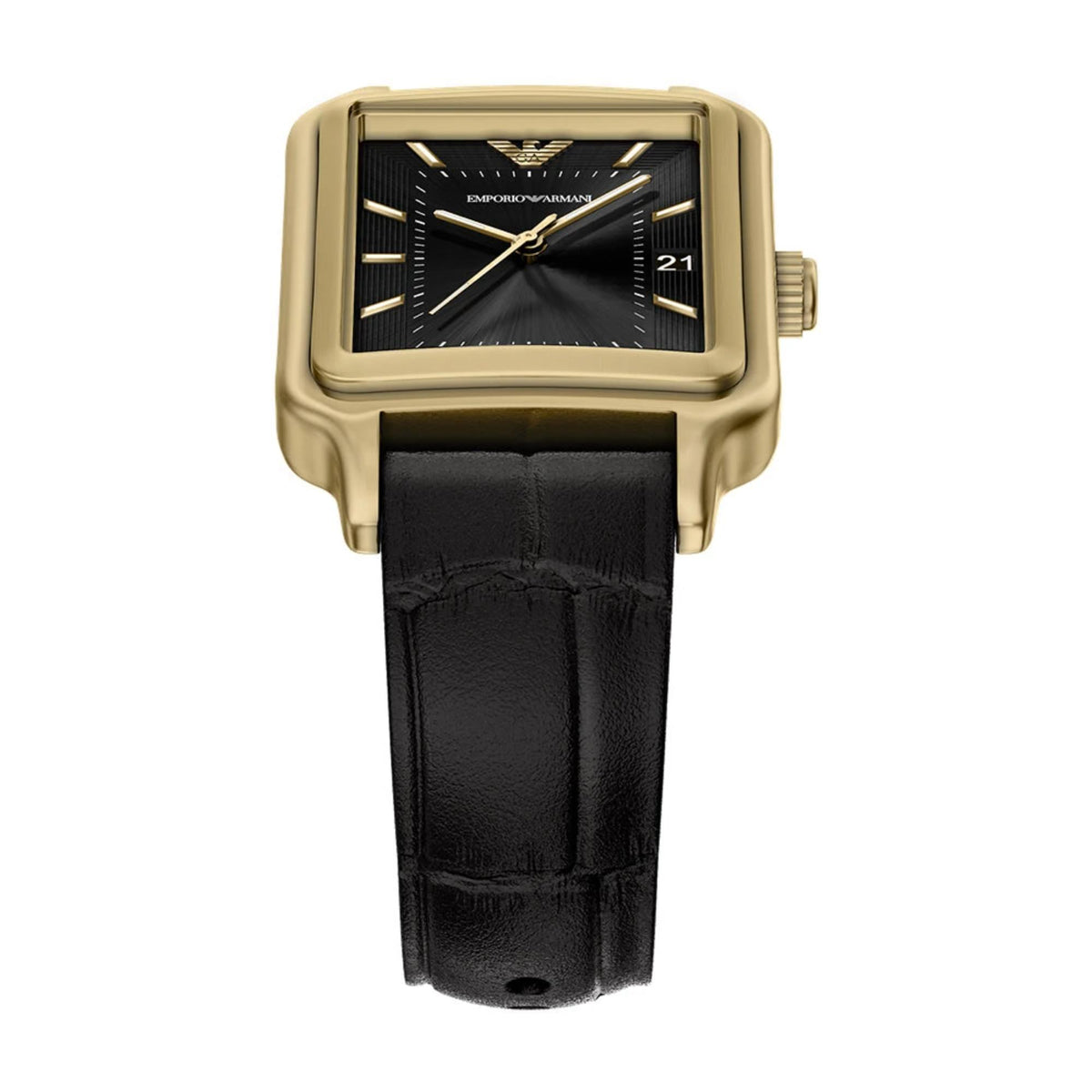Ladies quartz wristwatch angled front view with black dial, gold-tone case, black leather strap.