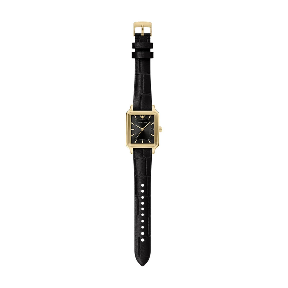 Ladies quartz wristwatch straight side view with black dial and black leather strap.