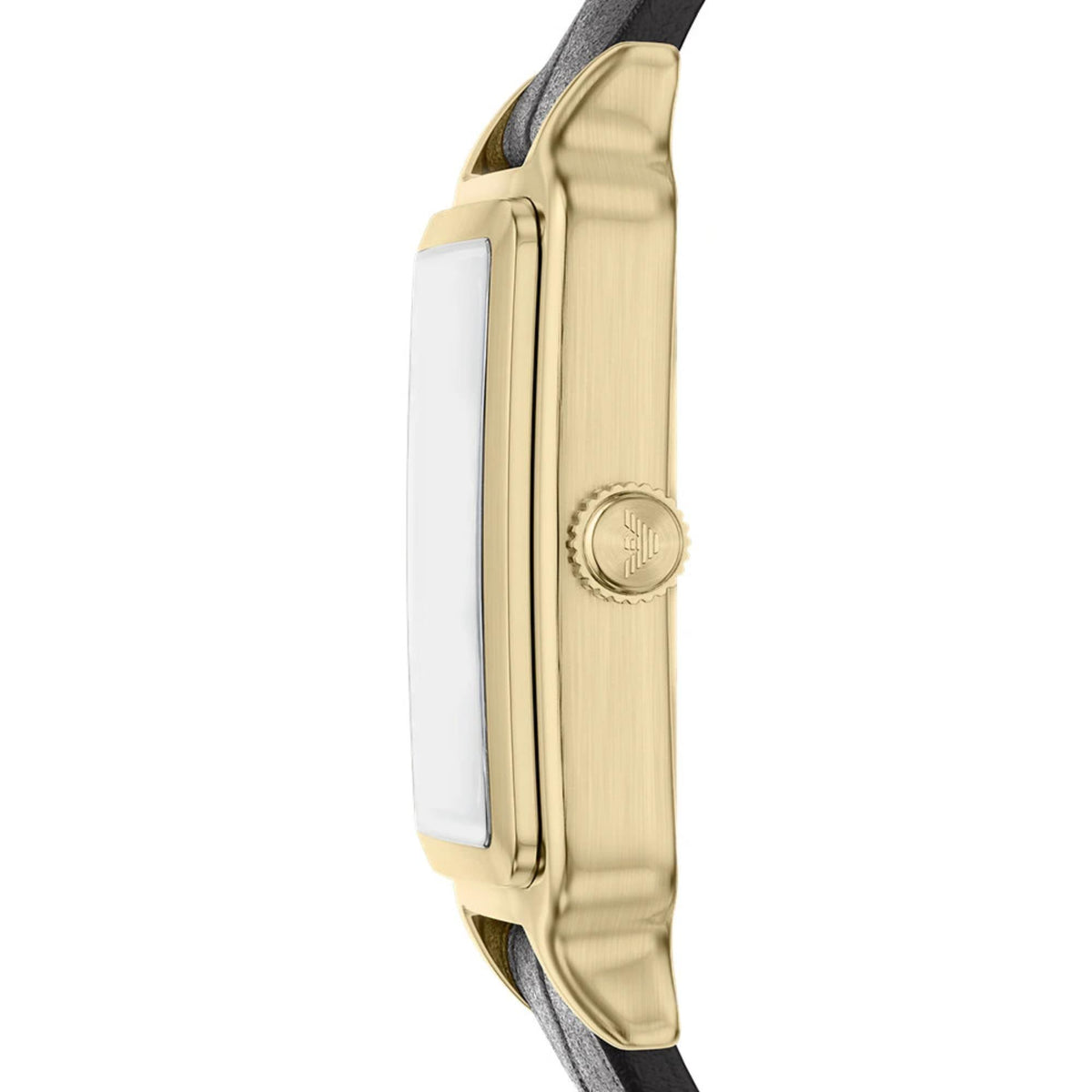 Ladies quartz wristwatch case edge view with black leather strap and gold-tone case.