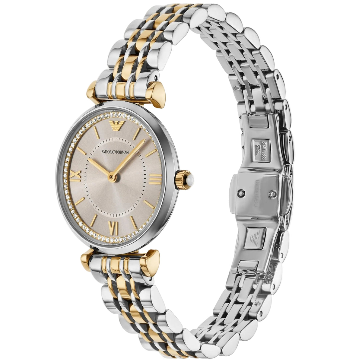 Angled view of Emporio Armani Gianni AR11702 watch displaying its slim round case profile, gold crown, and the side deployment clasp of the two-tone steel bracelet loop