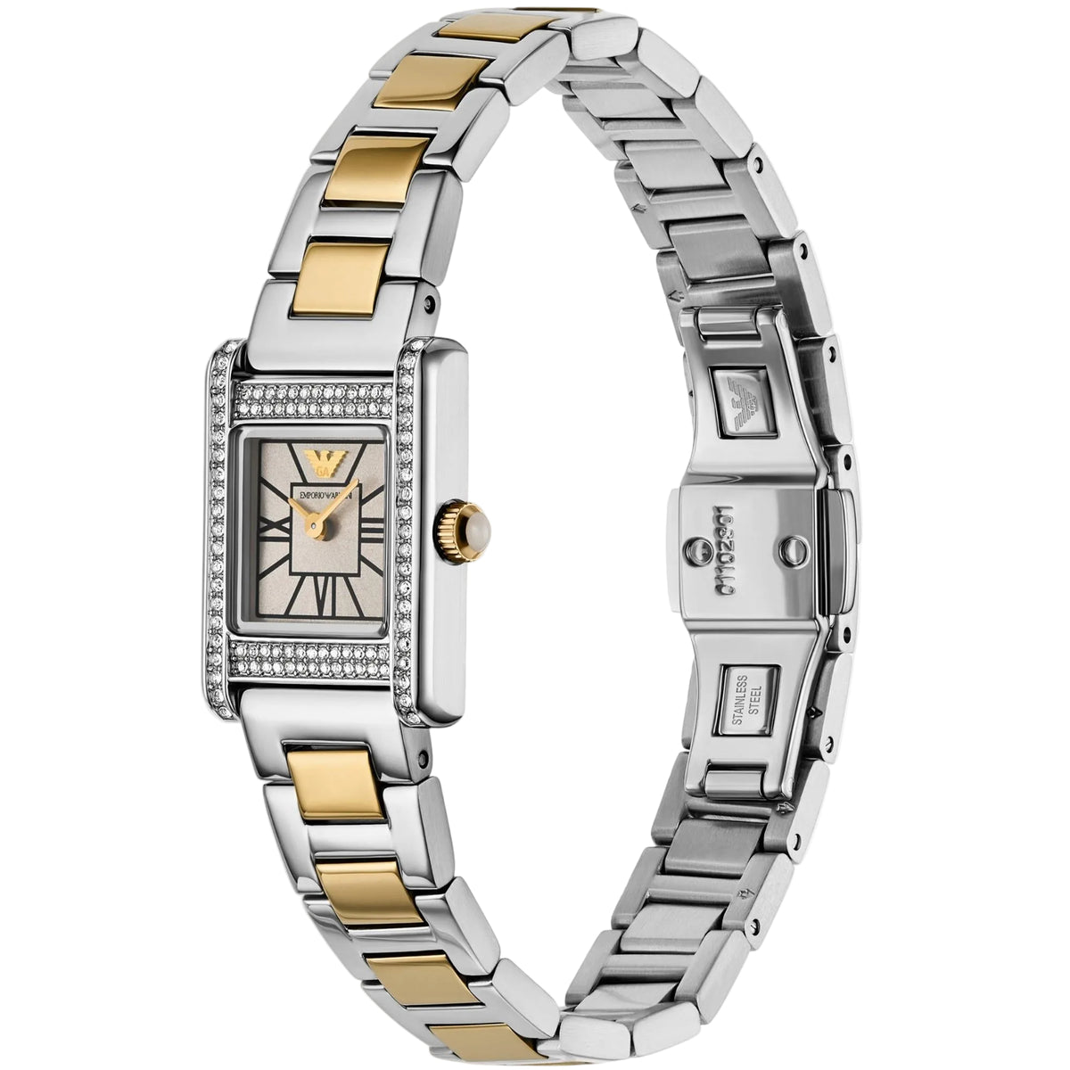 Emporio Armani Genni AR11704 side angle view showing two-tone bracelet, open deployment clasp, and square crystal-set case