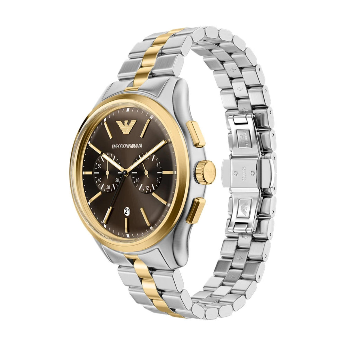 Emporio Armani Dario AR80084SET three-quarter angled view showing brown dial, gold-tone bezel, and clasp closure