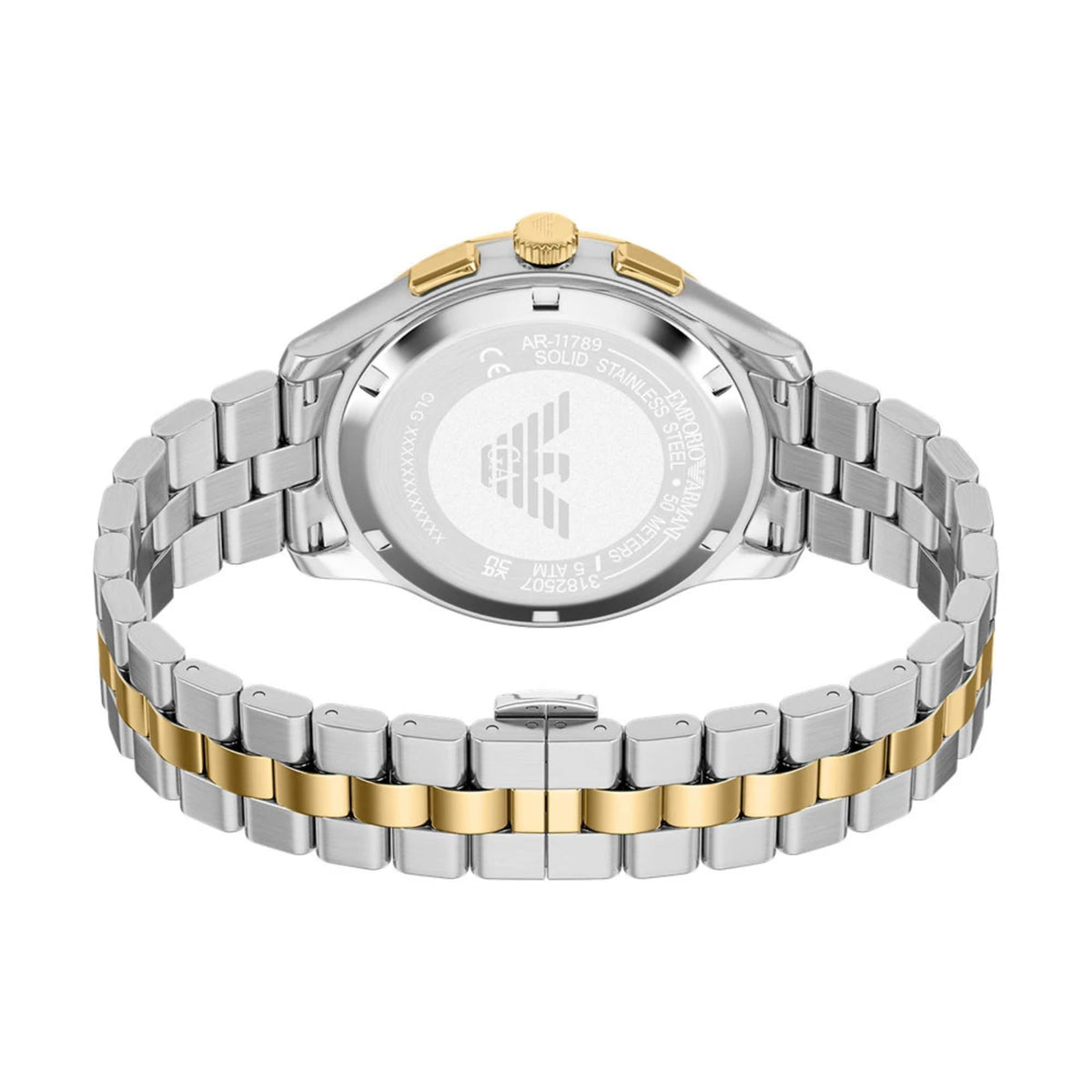 Emporio Armani Dario AR80084SET back view showing case back markings and two-tone steel bracelet clasp layout