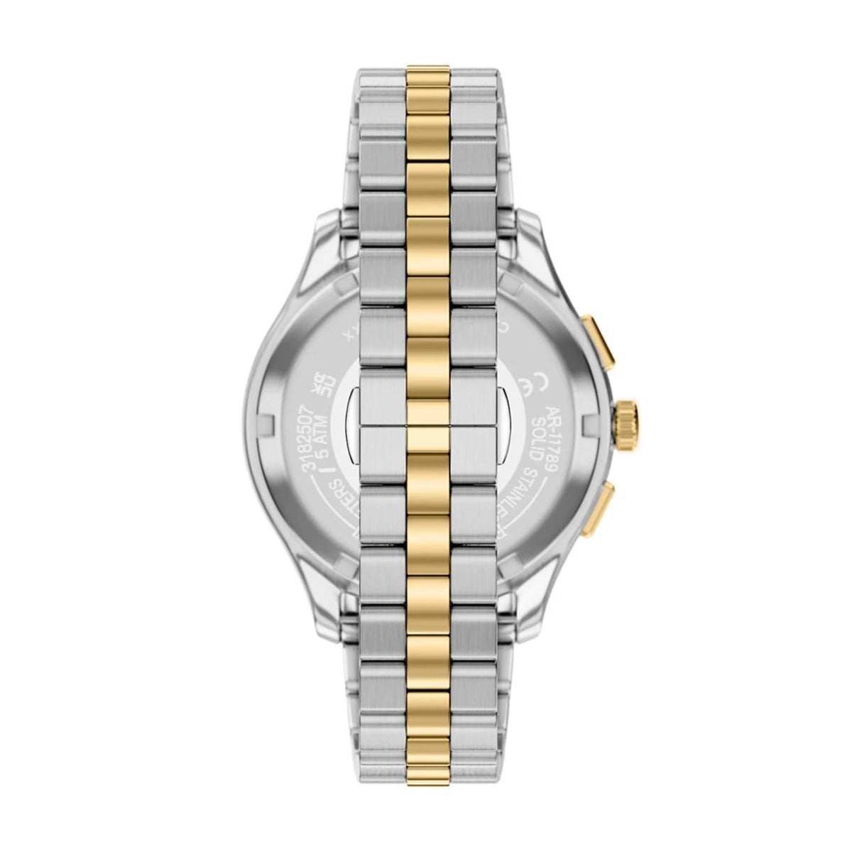 Emporio Armani Dario AR80084SET rear view showing two-tone steel bracelet links and engraved case back