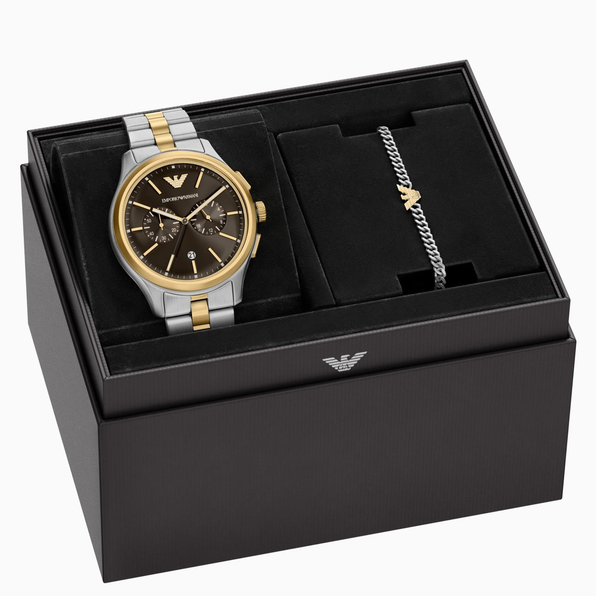Emporio Armani Dario AR80084SET gift set packaging display containing mens brown dial chronograph watch and matching bracelet