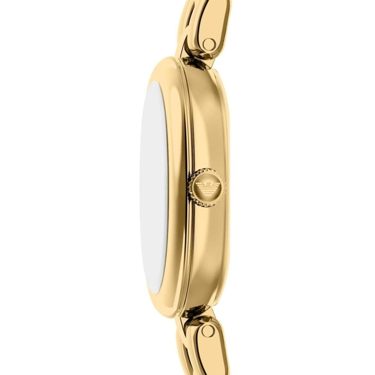 Side view of the Emporio Armani Sinfonia AR11721 watch case showing the slim gold-tone profile and branded crown detail