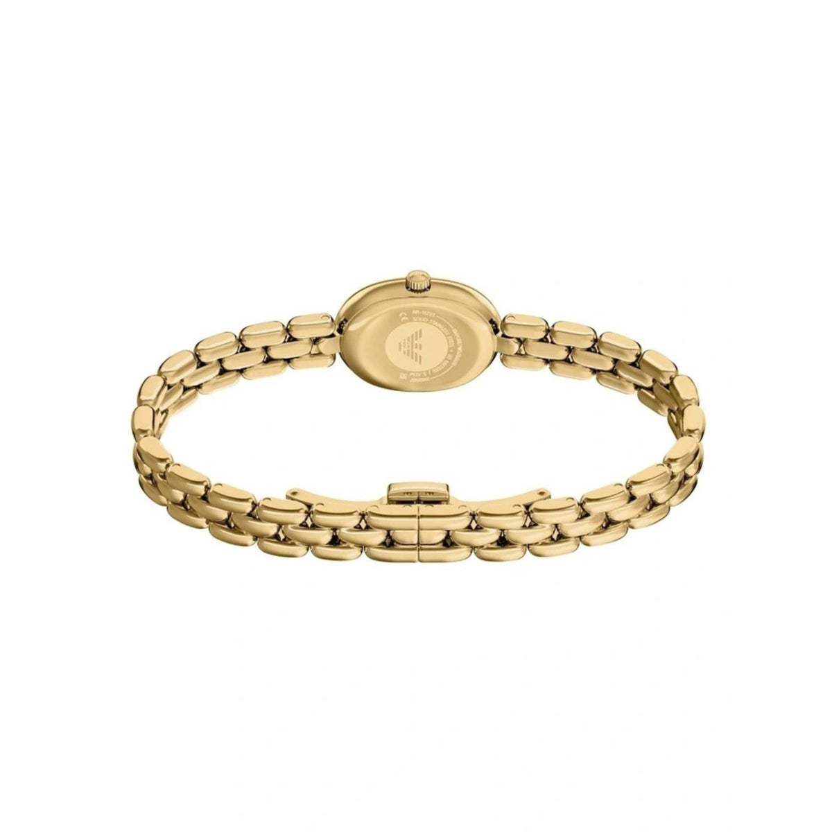 Rear view of the Emporio Armani Sinfonia AR11721 watch displaying the solid stainless steel back and open gold-tone link bracelet setup