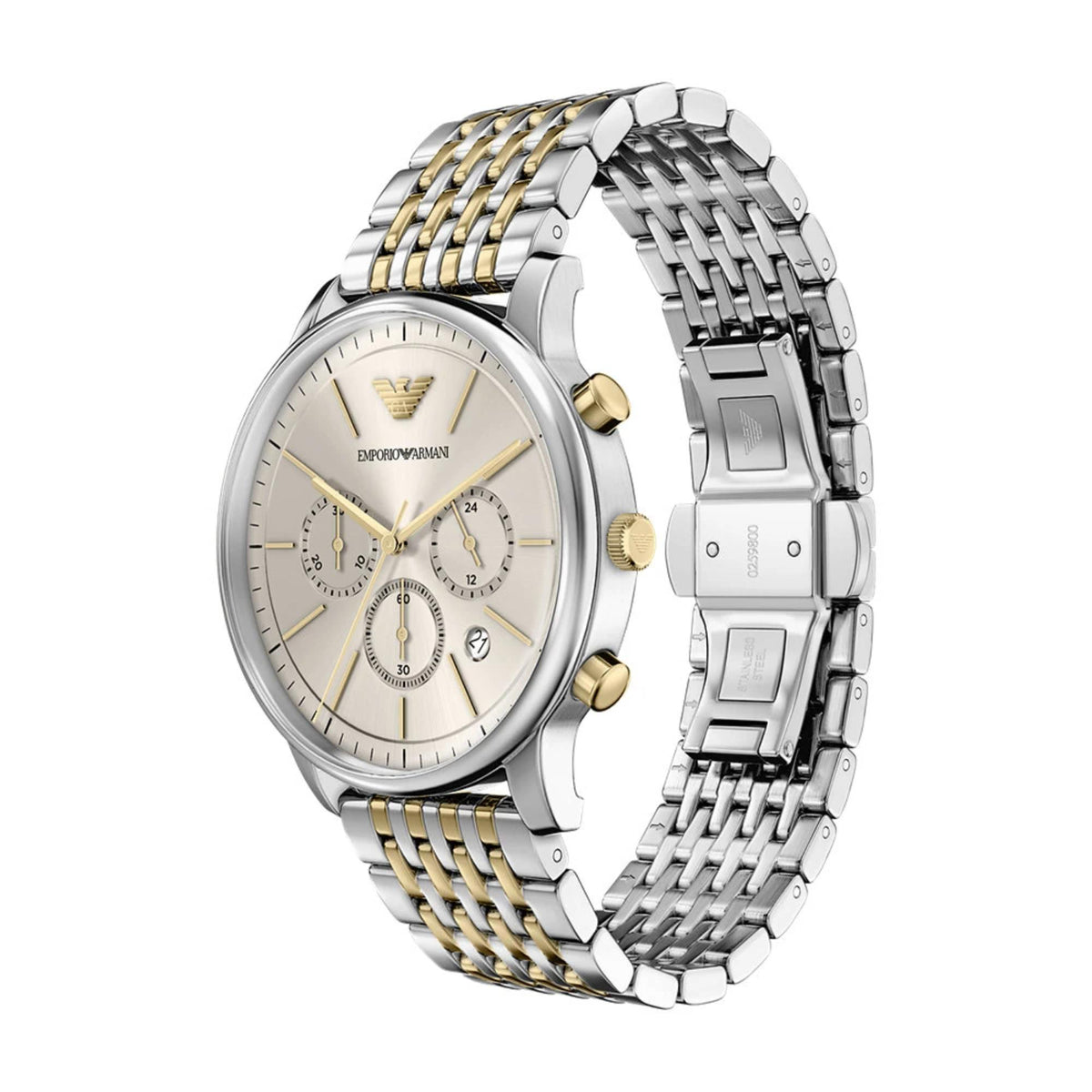 Emporio Armani Minimalist AR11773 stainless steel case and two-tone multi-link bracelet side angle view