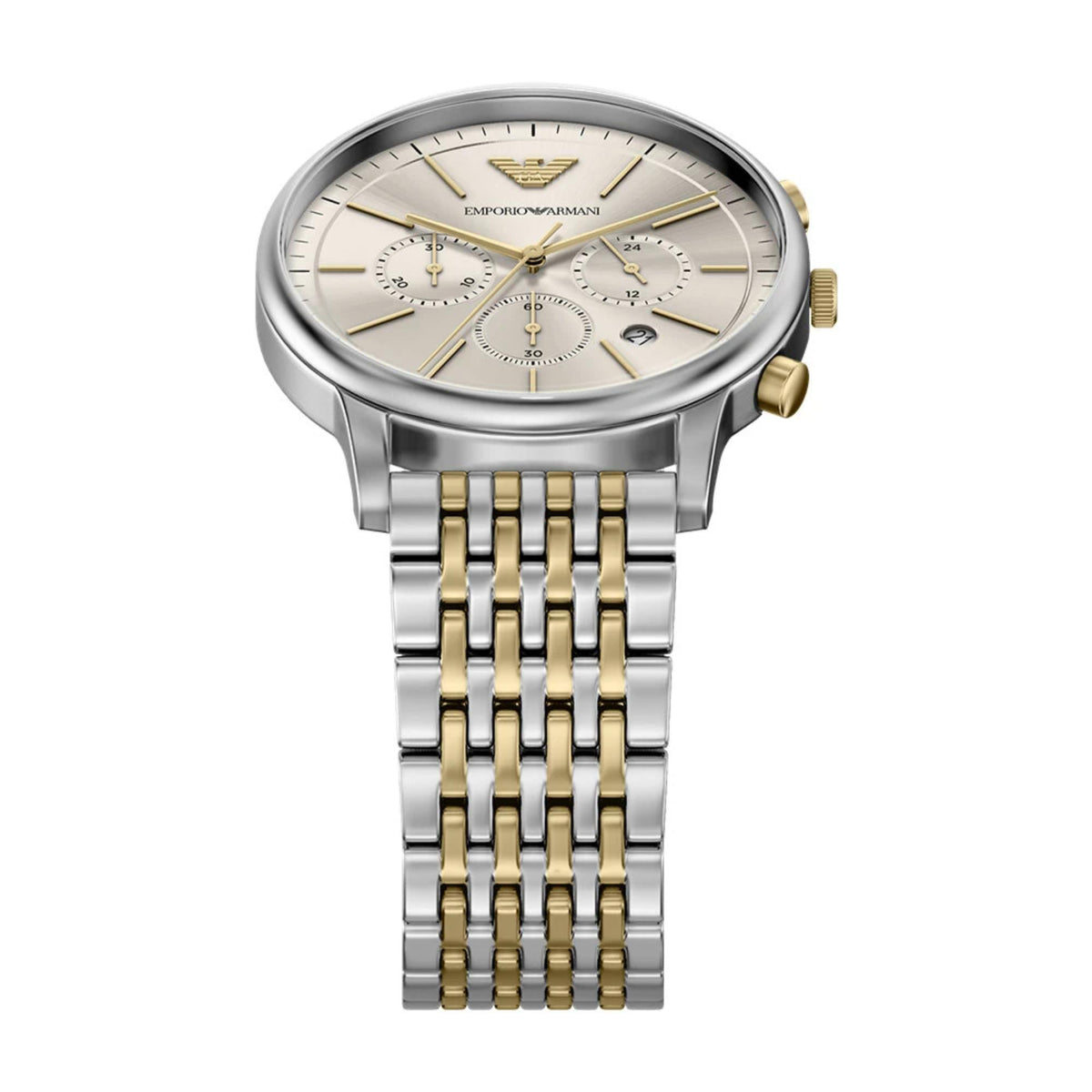 Emporio Armani Minimalist AR11773 gray dial and gold-tone chronograph pushers top angle view
