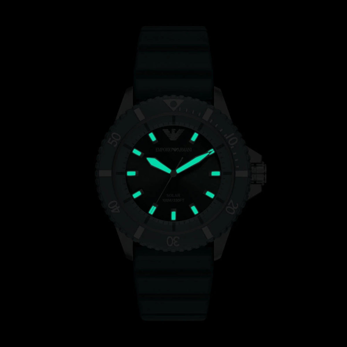 Men's quartz watch with dark green dial and glowing green luminous hands and markers.