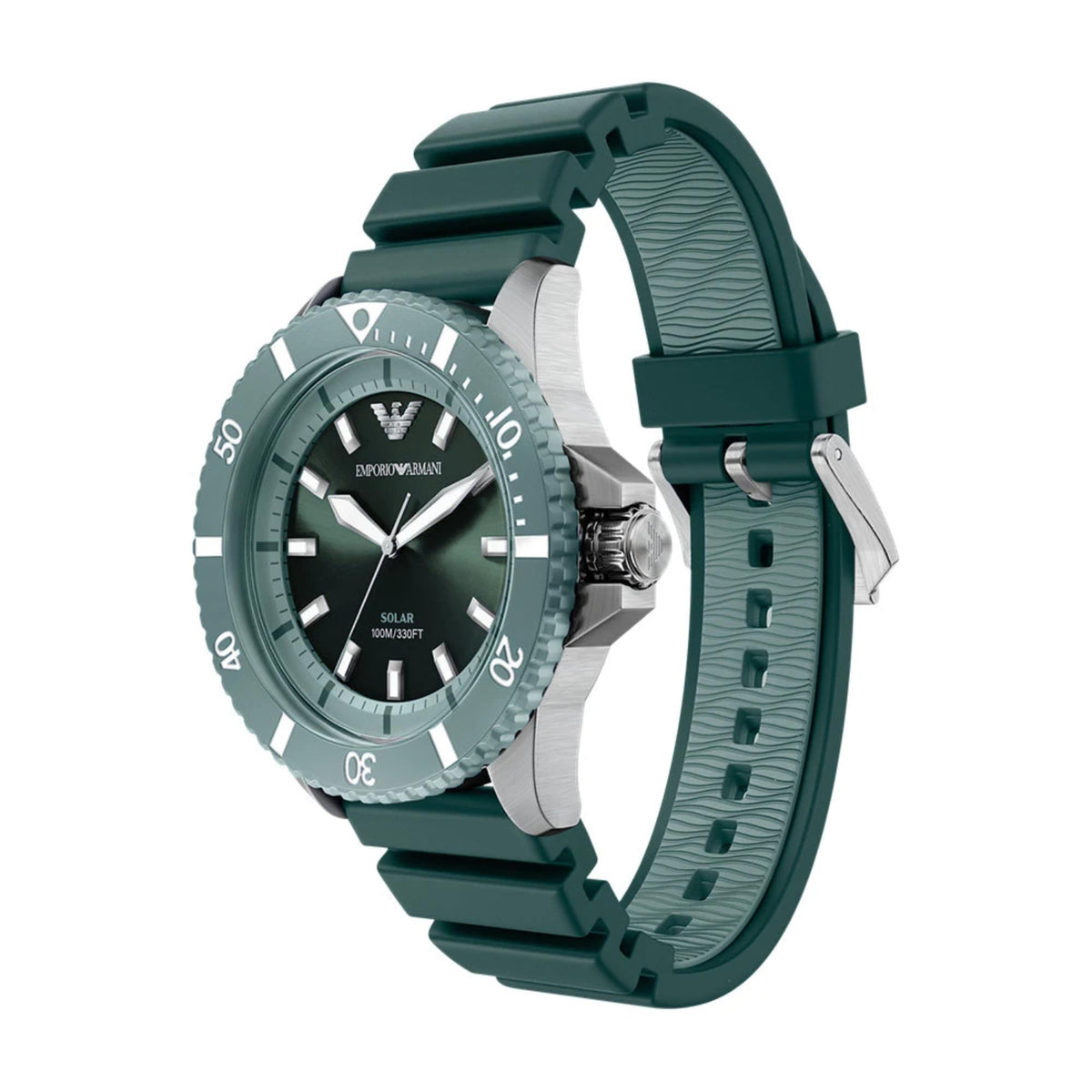 Men's quartz watch side view with green bezel, crown, and green silicone strap.