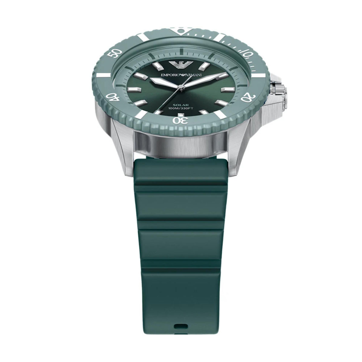 Men's quartz watch front view with dark green dial, steel bezel, and green silicone strap.