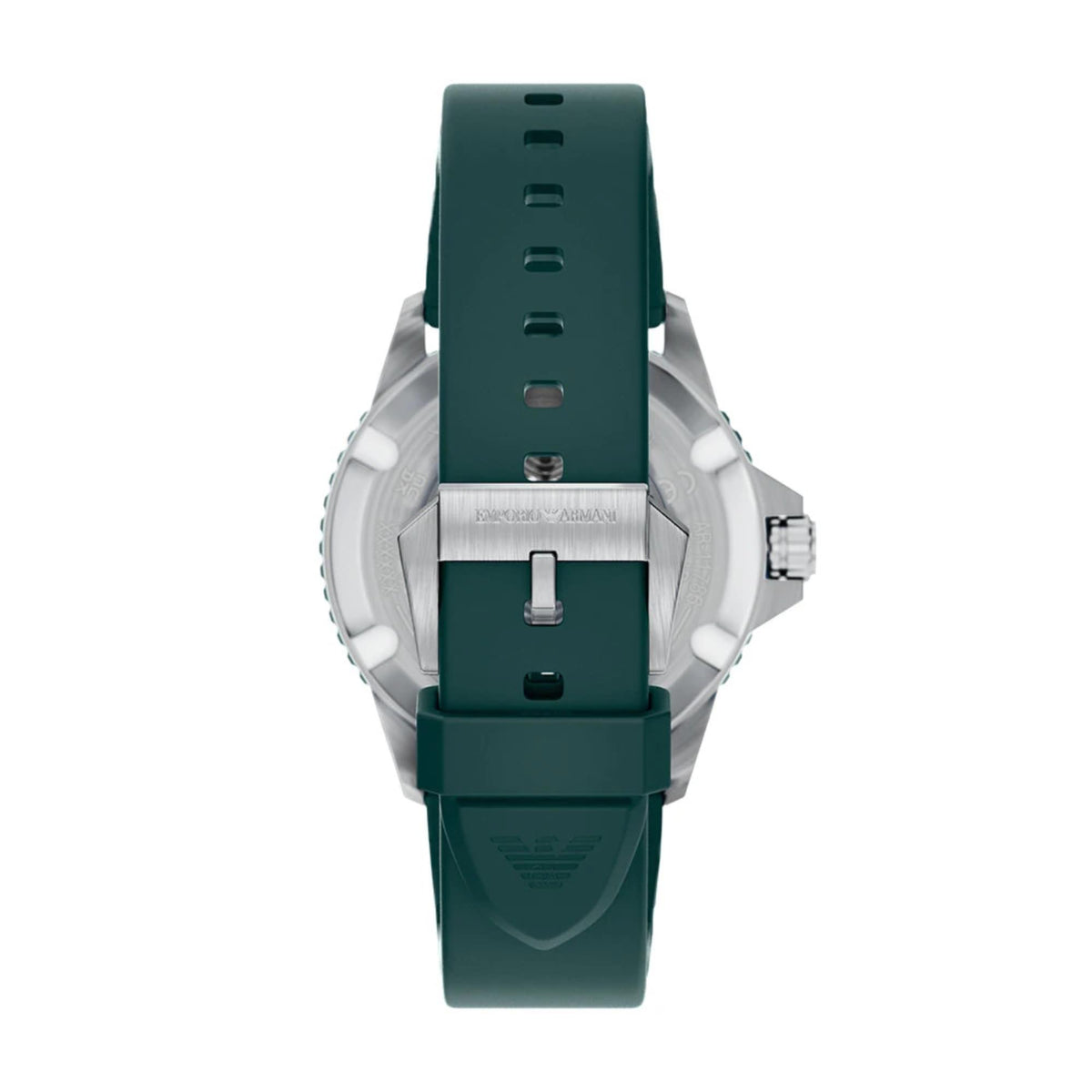 Men's quartz watch back view with green silicone strap and buckle clasp.