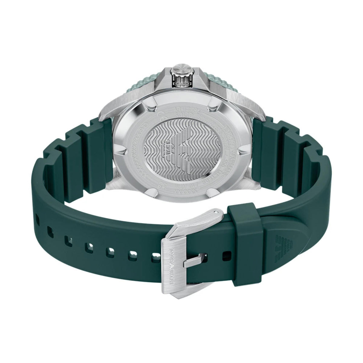 Men's quartz watch caseback with green silicone strap, visible textured dial inside.