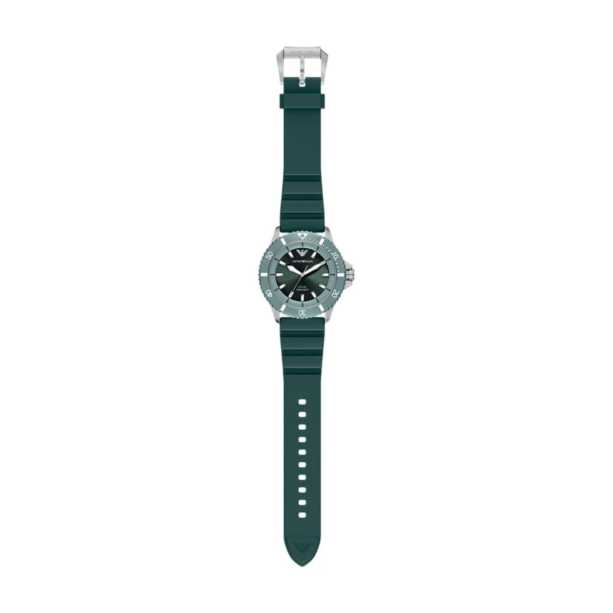 Men's quartz watch on green silicone strap with dark green dial and silver case.