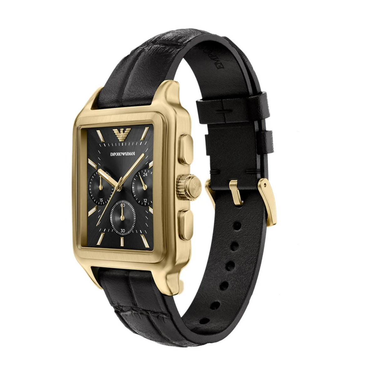 Three-quarter angle of the Emporio Armani Diego AR11753 timepiece displaying the gold-tone rectangular case, pushers, and textured black leather band