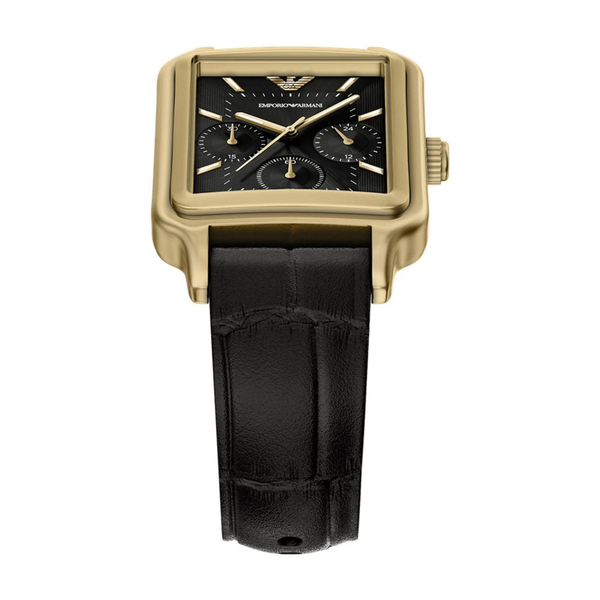 Top perspective of the Emporio Armani Diego AR11753 watch highlighting the black dial layout and gold-tone case frame