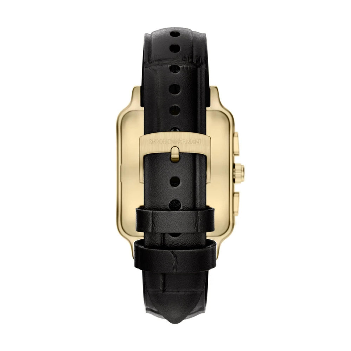Underside view of the Emporio Armani Diego AR11753 leather strap showing the gold-tone pin buckle fastener