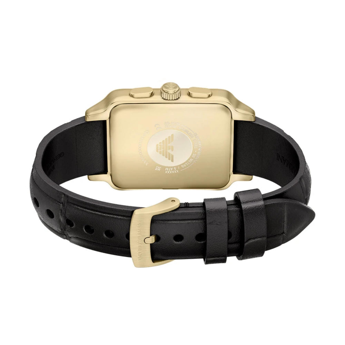 Back view of the Emporio Armani Diego AR11753 detailing the brushed gold-tone case back and attached leather strap