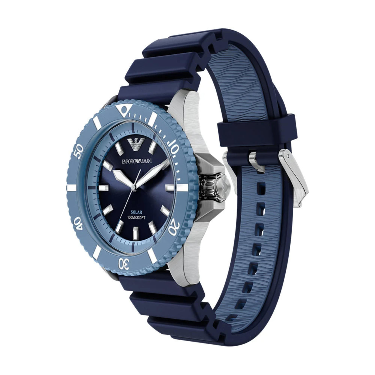 Emporio Armani World Explorer AR11785 blue silicone strap detail and stainless steel case side angle view