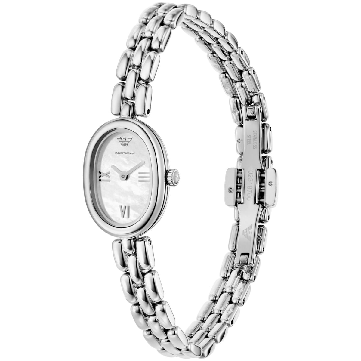 Emporio Armani Sinfonia AR11720 angled view showing ladies quartz watch with deployment clasp