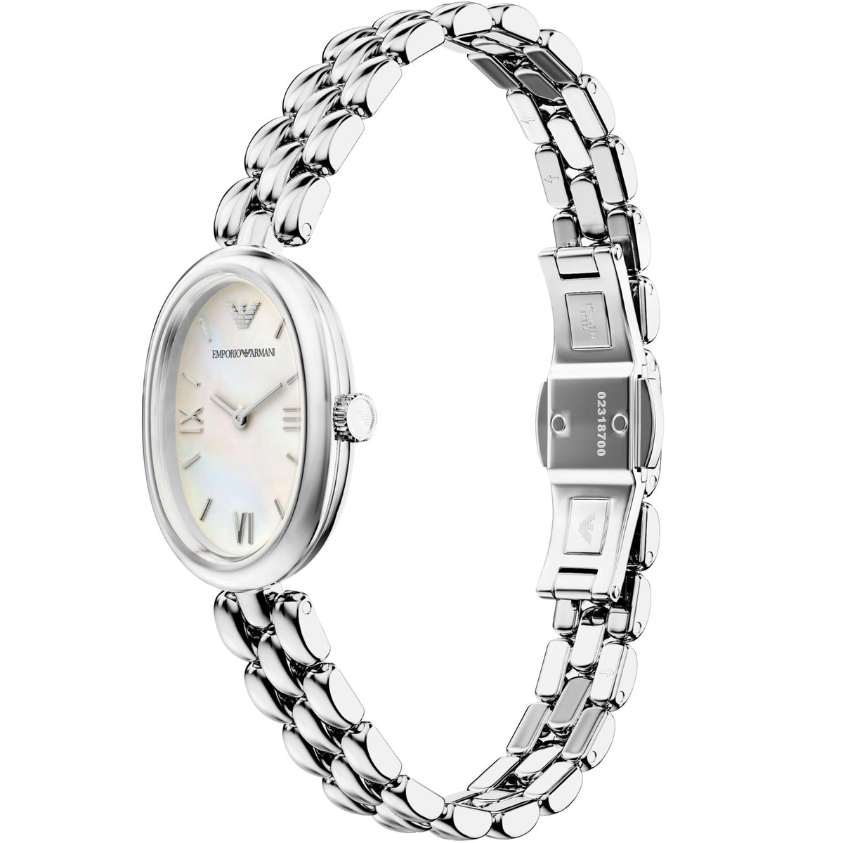 Emporio Armani Sinfonia AR11776 stainless steel bracelet side angle view showing open jewelry clasp and oval case profile