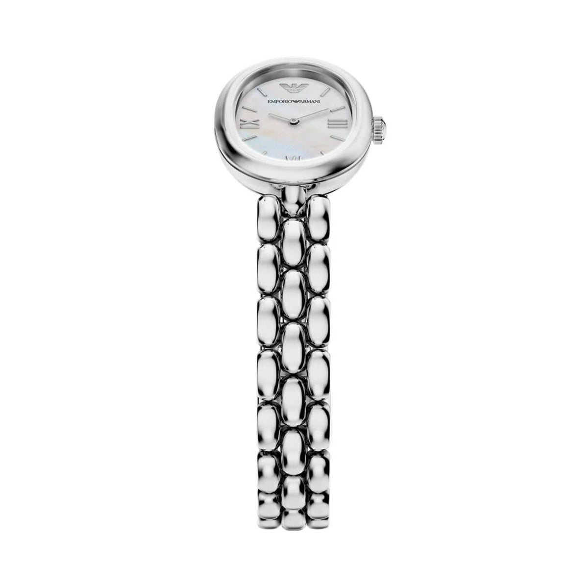 Emporio Armani Sinfonia AR11776 vertical top-down view highlighting the transition from the oval dial to the polished steel links