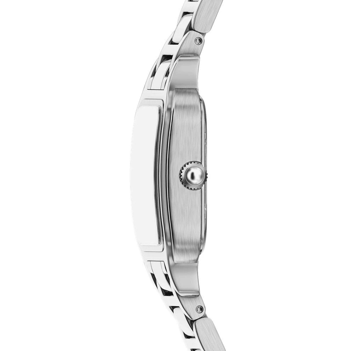 Side view of ladies square steel quartz watch case and crown on bracelet