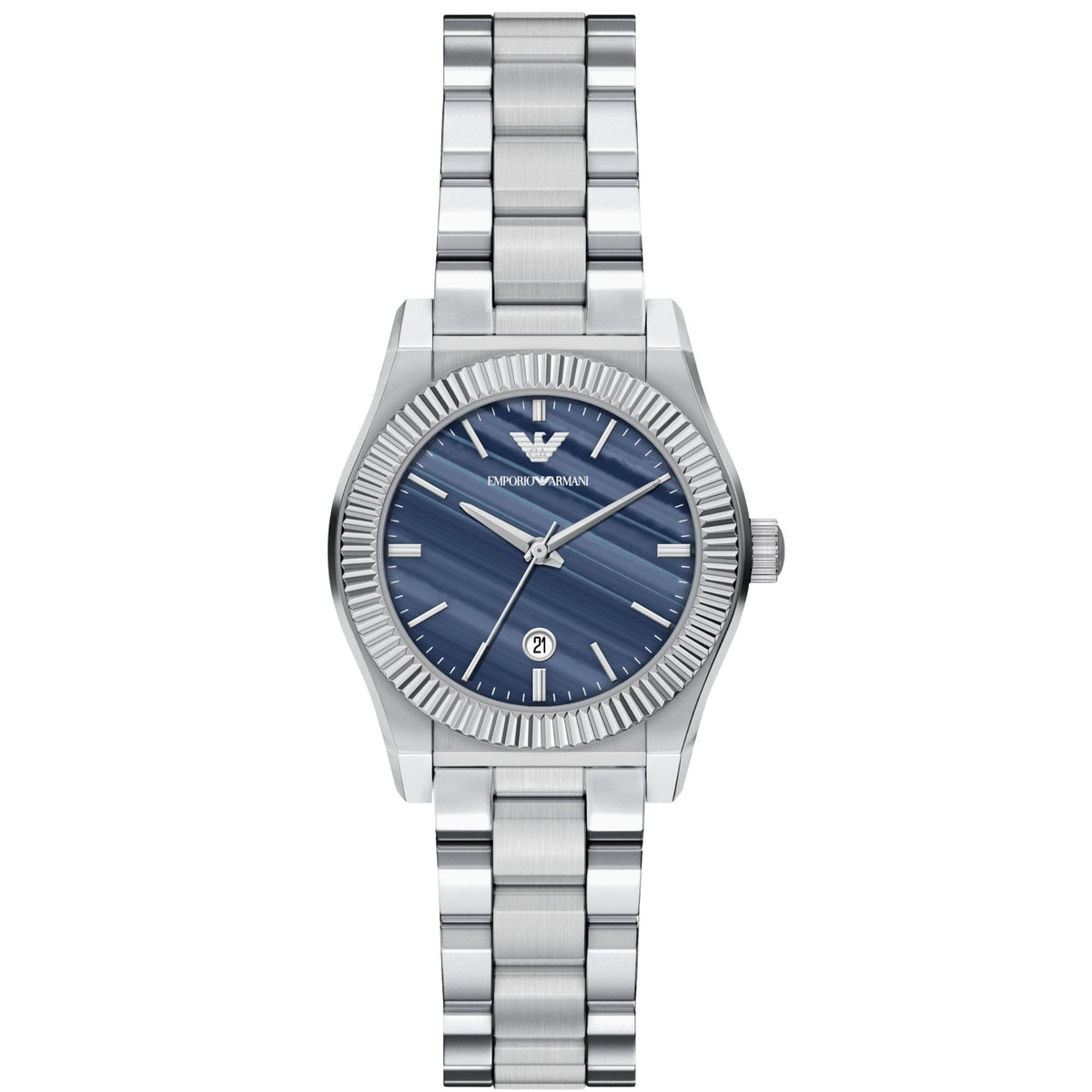 Blue dial steel quartz wristwatch with silver bracelet and V-style logo markers