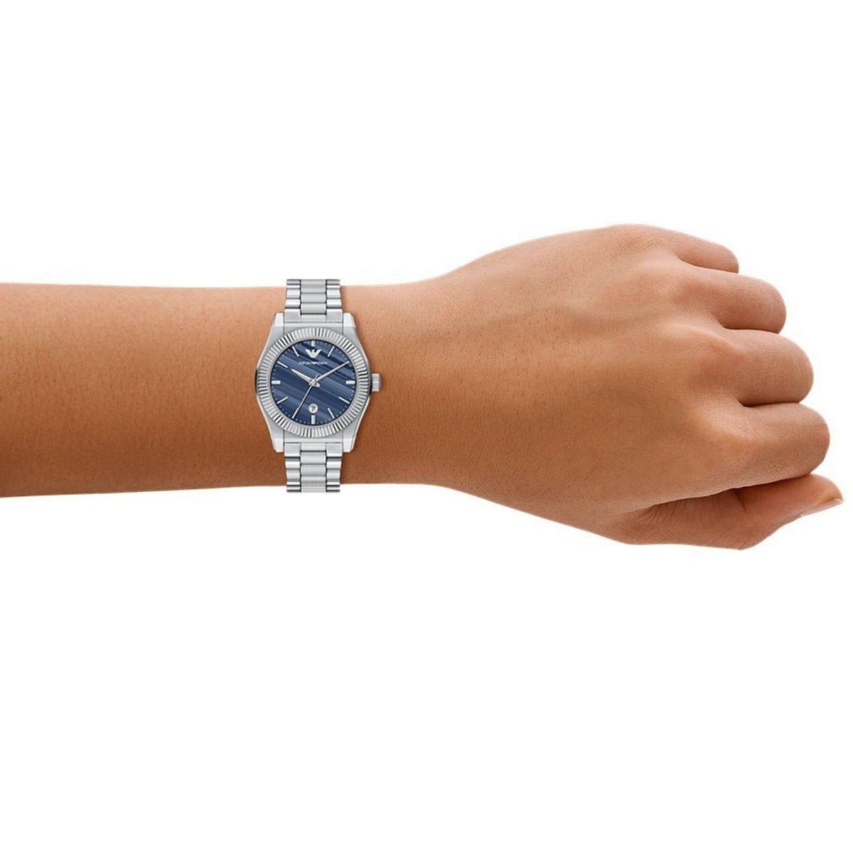 Blue dial steel bracelet quartz wristwatch worn on wrist