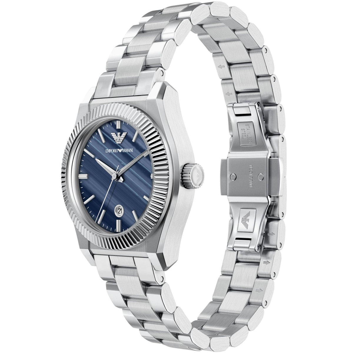 Blue dial steel quartz wristwatch from side with linked metal bracelet