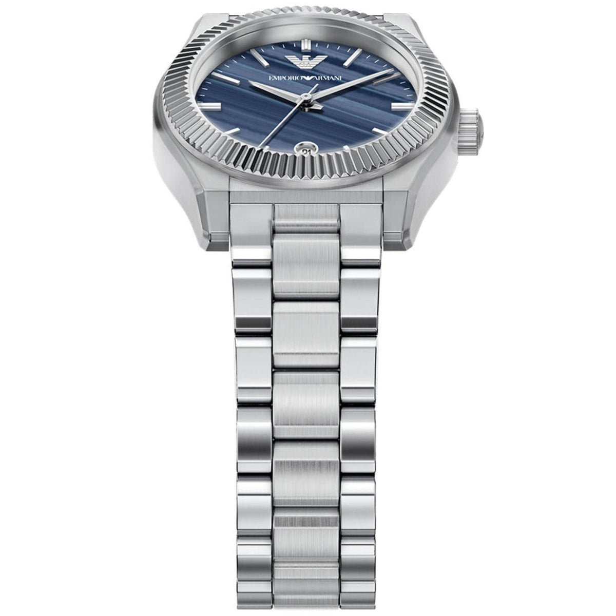 Blue dial steel quartz wristwatch with textured bezel and silver bracelet