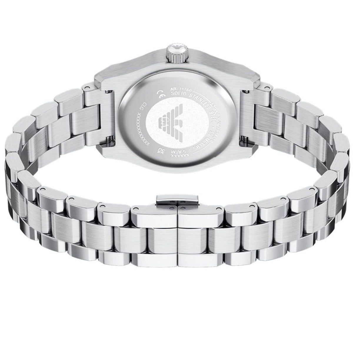 Steel wristwatch back with engraved case and linked bracelet